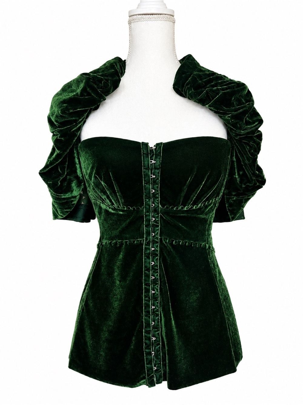 Byron Lars Deep Green Velvet Corset Top with Draped Sleeves